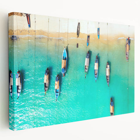 A vibrant Caribbean seascape on a large stretched canvas, featuring blue ocean and sky, ideal for kitchen wall art.