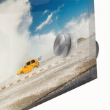 Mid-century modernist art of a Caribbean scene in vibrant blues and greens on acrylic glass, ideal for dining room art.