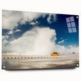 Large abstract wall art depicting a Caribbean scenery in vibrant blues and greens on acrylic glass.