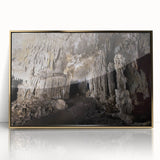 Art deco poster of a Caribbean scene in vibrant blues and greens on a gold-framed acrylic print.