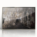 Large art print of a Caribbean scenery on acrylic, framed in silver, showing muted blue and green tones.