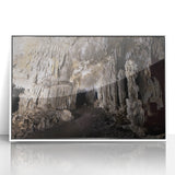 Mid-century modernist art depicting a Caribbean scene on a white framed acrylic, with vibrant blue and green tones.