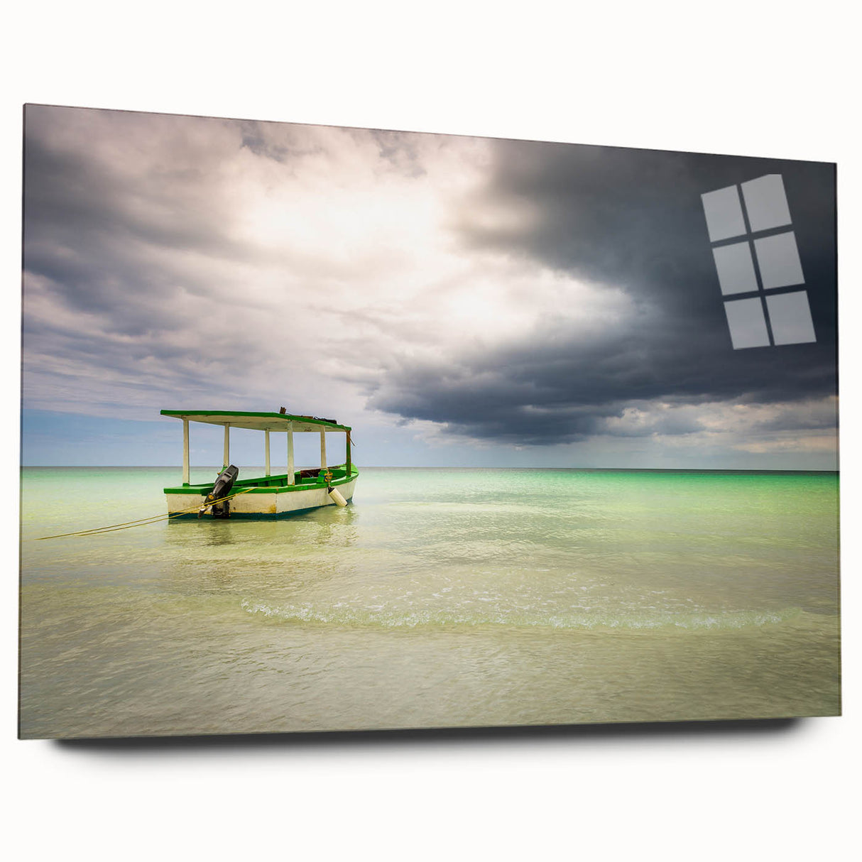 Large abstract wall art of a Caribbean scenery in vibrant blue and green tones on acrylic glass.