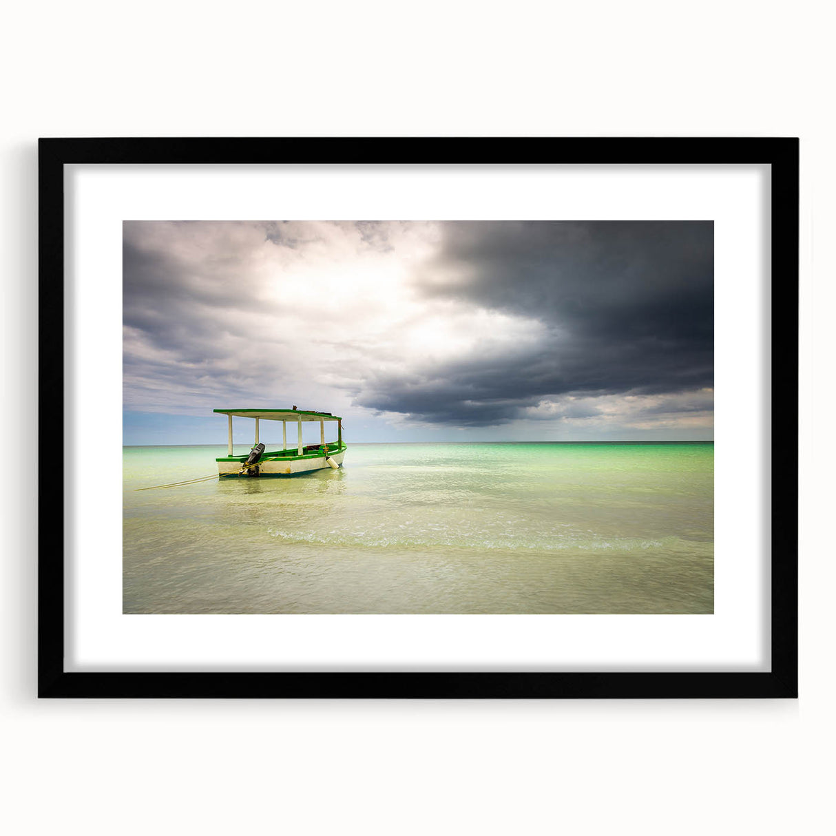 Extra large abstract art print of vibrant Caribbean scenery on textured canvas, framed in black, ideal for living room decor.