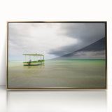 Acrylic print of a Caribbean landscape in vibrant blues and greens, framed in gold, suitable for modern art wall decor.