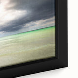 Black wall art featuring a textured, colorful Caribbean scenery on a framed canvas, ideal for living room decor.