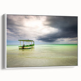 Framed canvas featuring a vintage-style Caribbean landscape with vibrant colors on a black background.