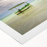 Art deco poster of a Caribbean scenery with vibrant blue and green tones on rolled canvas, suitable for dining room wall art.