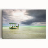Black and white photograph of a serene Caribbean beach on a large stretched canvas, ideal for kitchen wall art.