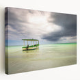 Large art print of a Caribbean scenery on stretched canvas, featuring vivid ocean and sky blues, ideal for kitchen wall art.
