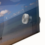 Large abstract wall art depicting Caribbean scenery in muted blue and green tones on acrylic glass.