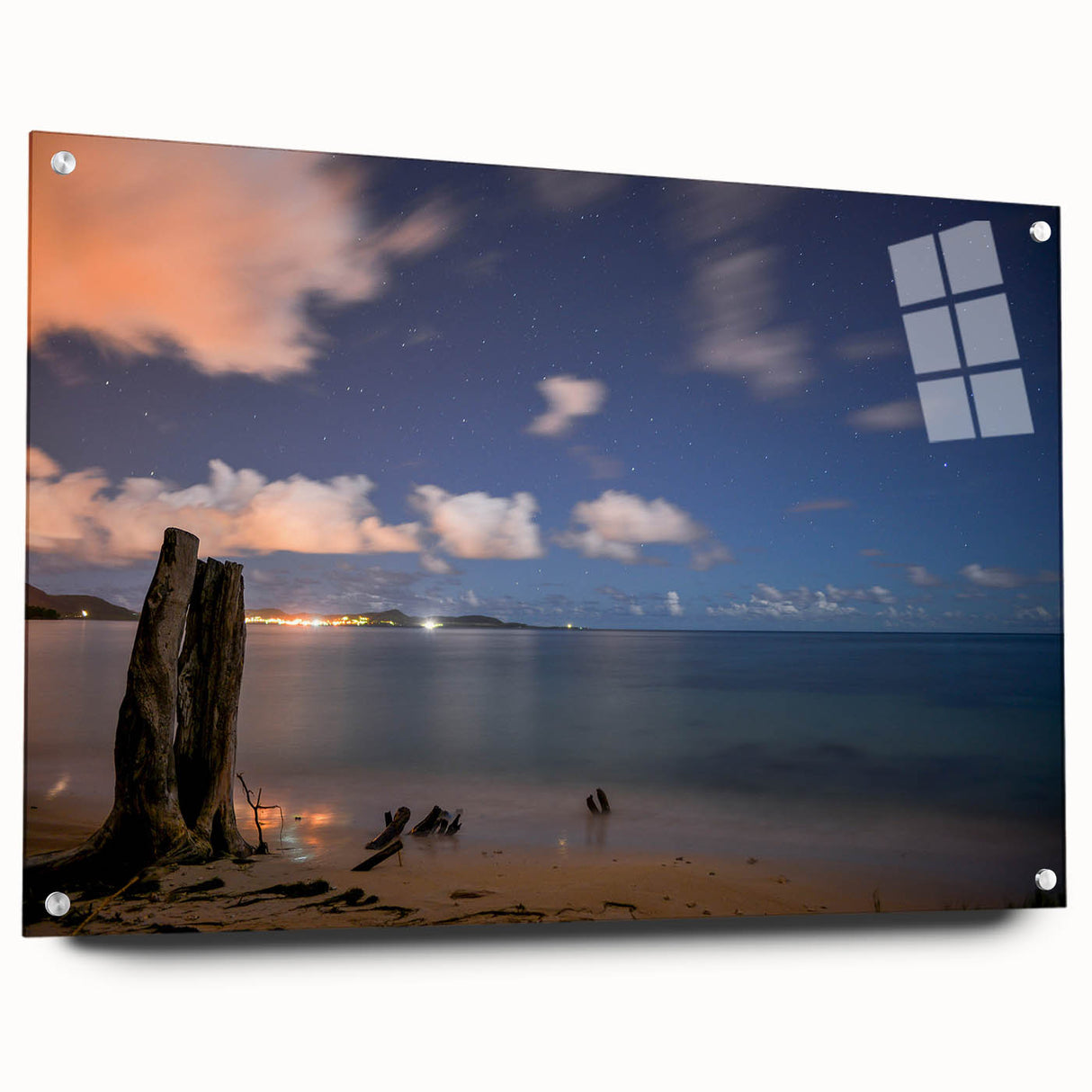 Acrylic print of a Caribbean Martinique scenery in vivid blue and green tones, suitable for dining room or bedroom decor.