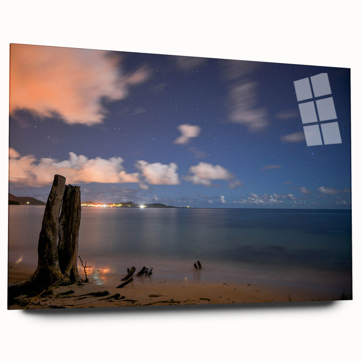 Large abstract wall art of Caribbean Martinique scenery in vibrant blue and green tones on acrylic glass.