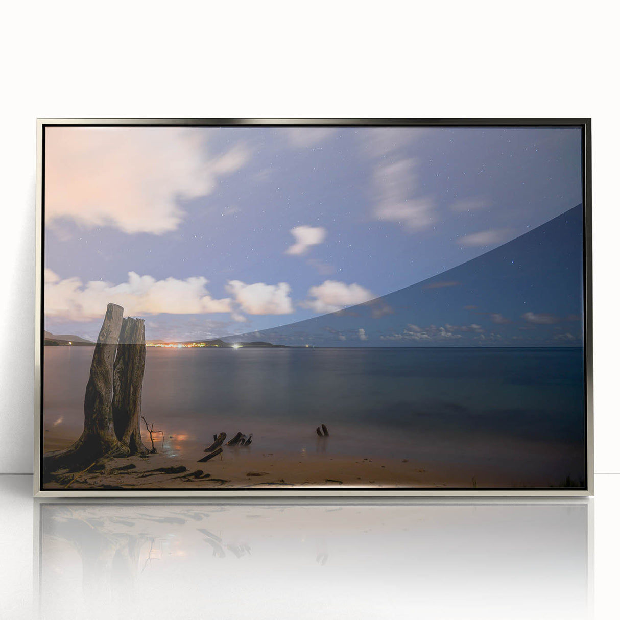 Large art print of a Caribbean Martinique scenery in muted green and blue tones on framed acrylic.
