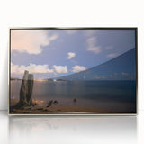 Large art print of a Caribbean Martinique scenery in muted green and blue tones on framed acrylic.