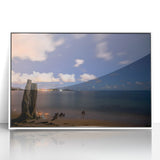 Mid-century modernist art of a Caribbean scenery in Martinique, depicted in vibrant hues on a white framed acrylic print.