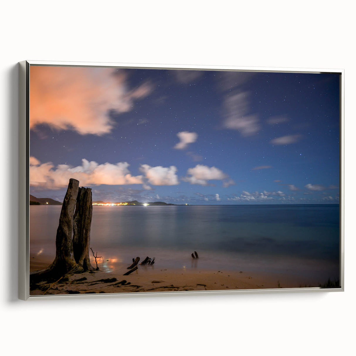 Landscape art painting of a Caribbean scenery in vibrant colors on a framed canvas, ideal for living room decor.
