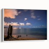 Framed canvas of vintage poster art depicting a colorful Caribbean scenery, ideal for living room decor.