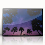 Large abstract wall art depicting a vibrant Caribbean scene in mid-century modernist style, framed in black acrylic.