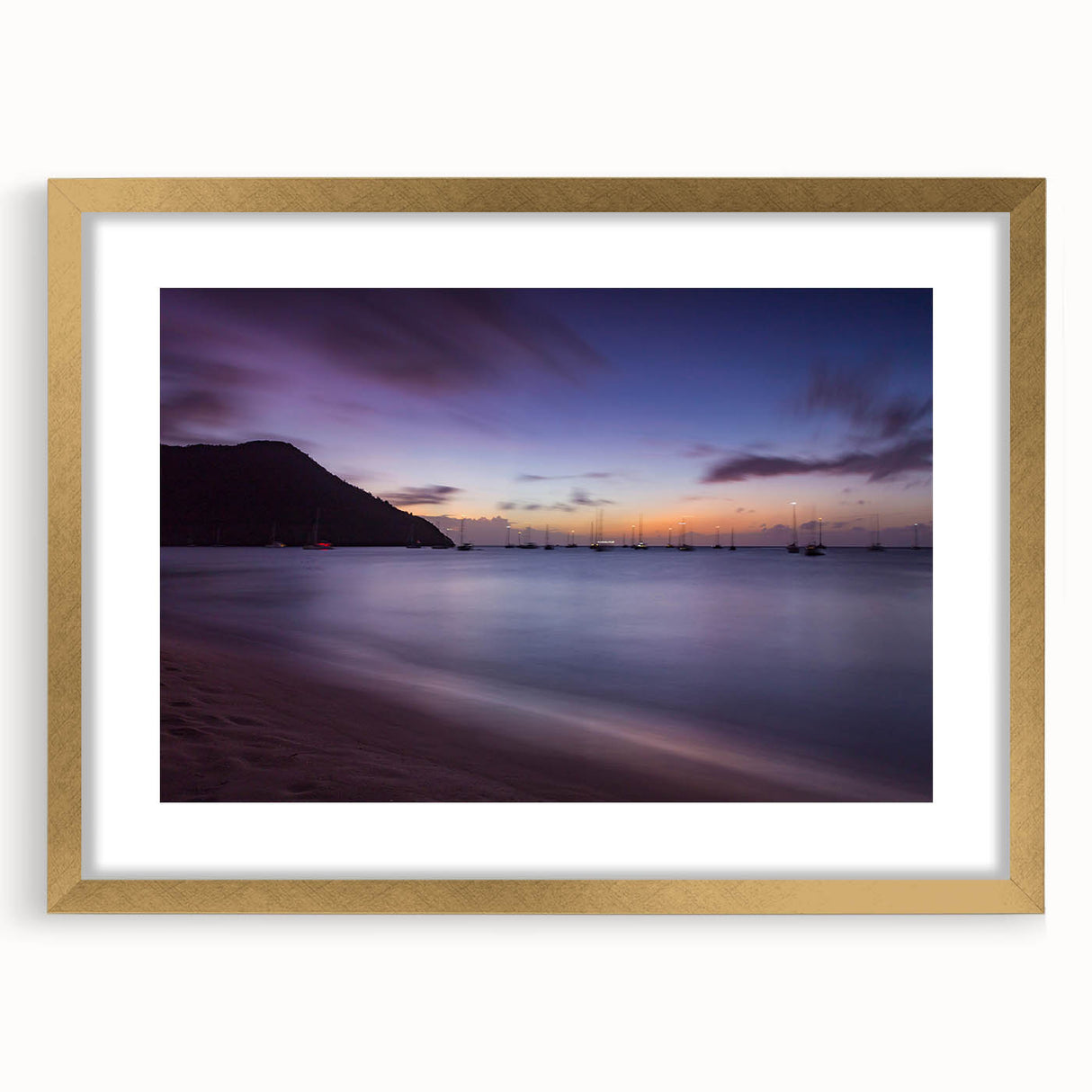 Abstract art print of Caribbean Saint Lucia scenery in muted blue and green tones on a framed canvas.