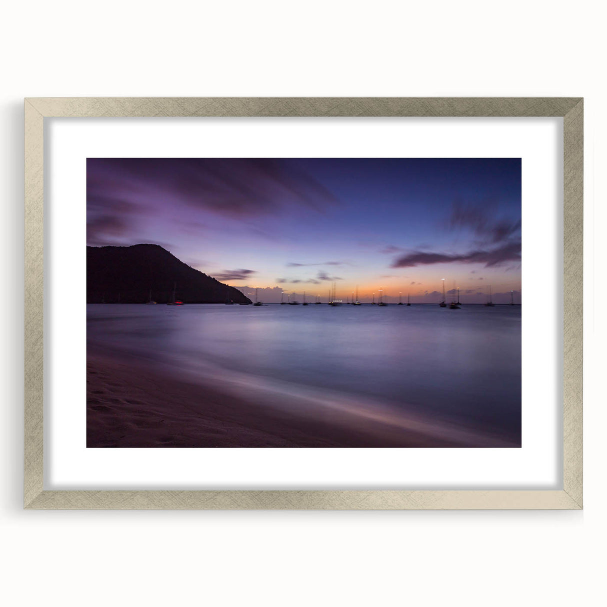 Extra large wall art featuring an abstract depiction of Saint Lucia in textured hues of blue and green on a silver-framed…
