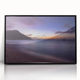 Large abstract wall art depicting the Caribbean Saint Lucia scenery in muted blue and green tones, framed in black acrylic.