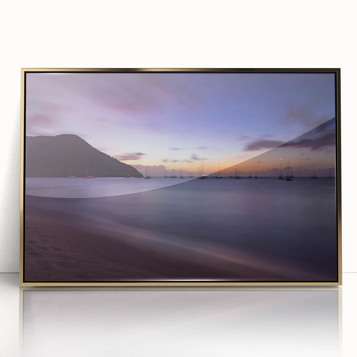 Acrylic print of Caribbean Saint Lucia scenery in art deco style, framed in gold, ideal for modern art wall decor.