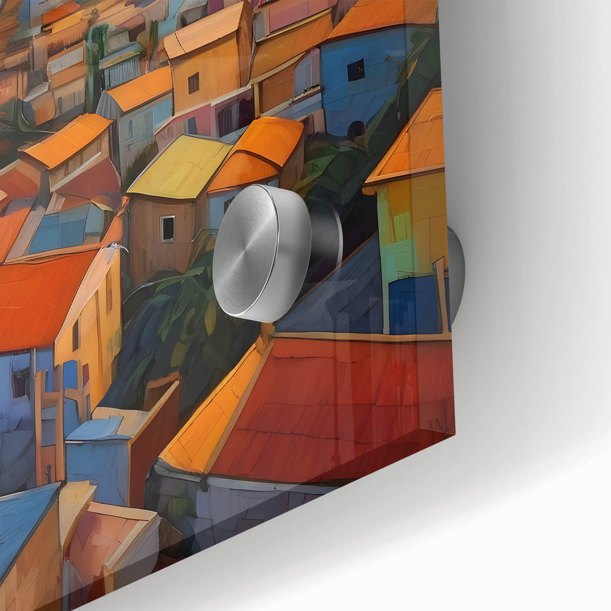 Large abstract wall art depicting Caribbean scenery in pastel colors on acrylic glass, ideal for dining room ambiance.