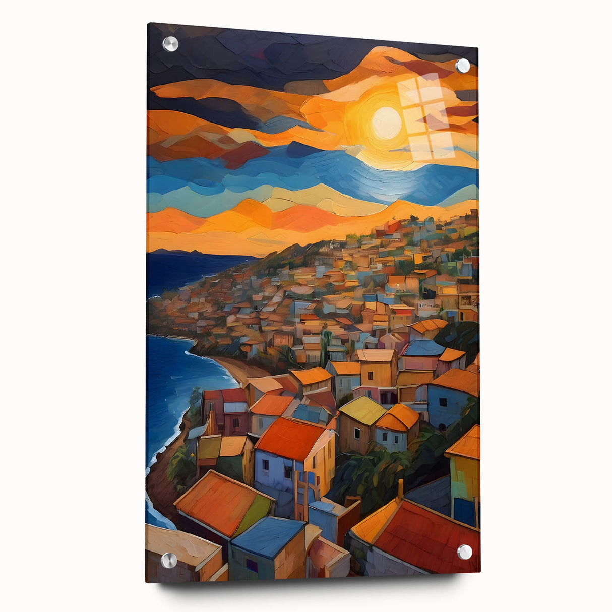 Large abstract wall art of Caribbean scenery in vibrant blue and green hues on acrylic glass.