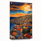 Large abstract wall art of Caribbean scenery in vibrant blue and green hues on acrylic glass.
