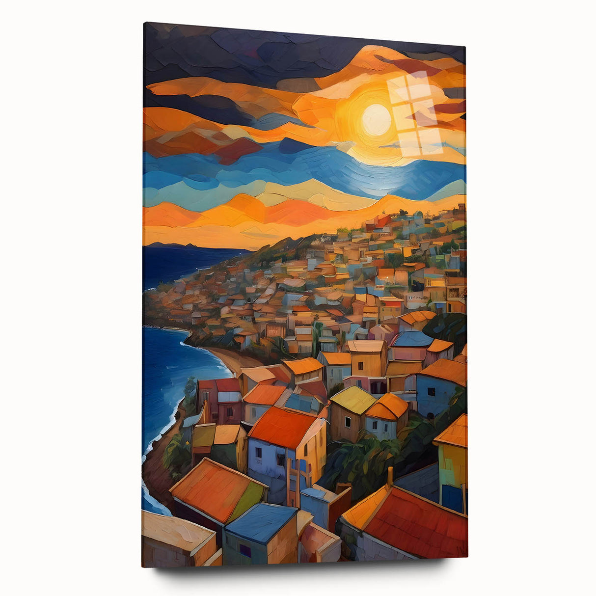 Large abstract wall art of Caribbean scenery on acrylic glass, using a palette of blue and green tones.