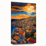 Large abstract wall art of Caribbean scenery on acrylic glass, using a palette of blue and green tones.
