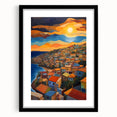Extra large abstract art print of vibrant, colorful Caribbean scenery on textured canvas, framed in black.