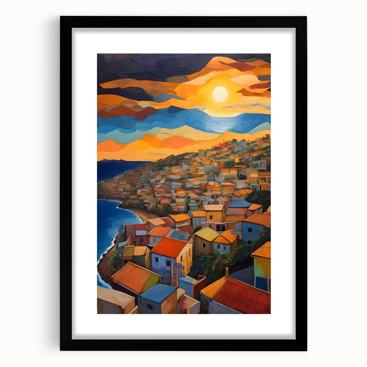 Extra large abstract art print of vibrant, colorful Caribbean scenery on textured canvas, framed in black.
