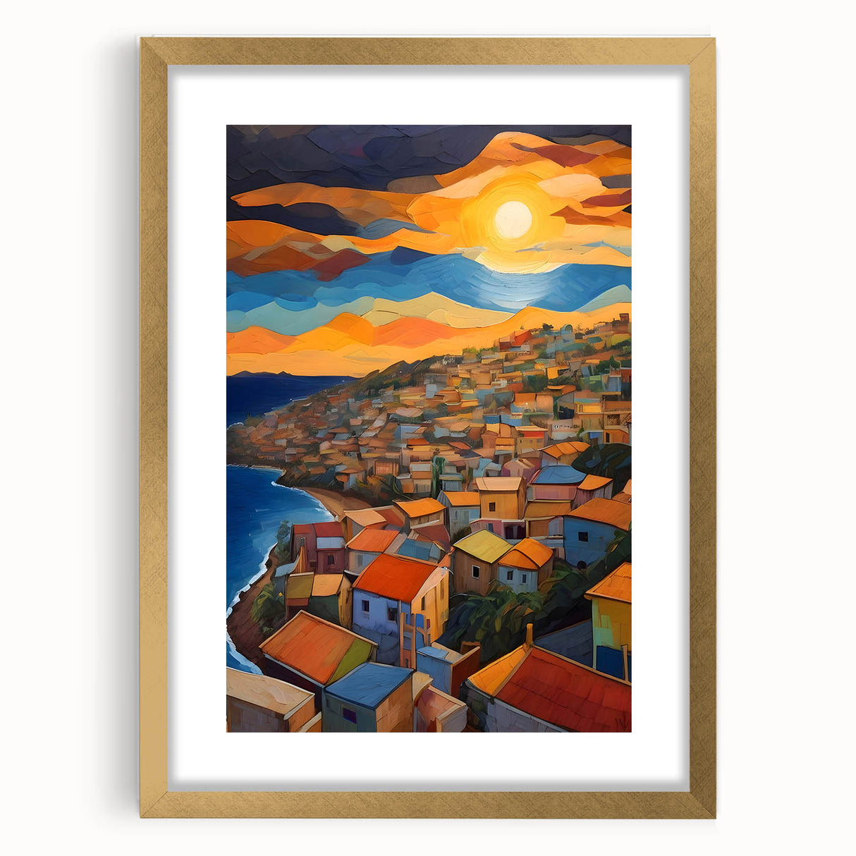 Abstract art print depicting Caribbean scenery in muted blue and green tones on a framed gold mat.