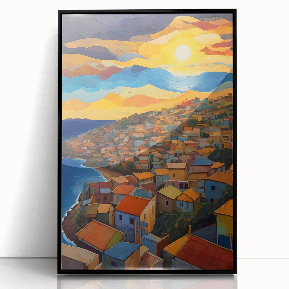 Large abstract wall art depicting Caribbean scenery in muted blue and green tones on a framed acrylic.