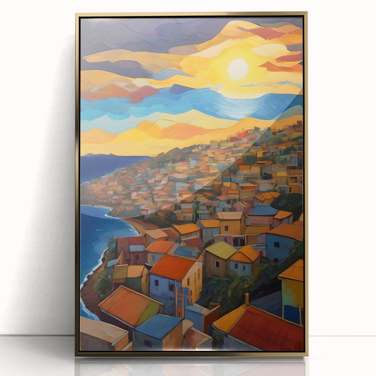 Art Deco style poster of Caribbean Saint Vincent scenery in gold frame, acrylic print, ideal for modern nursery wall art.
