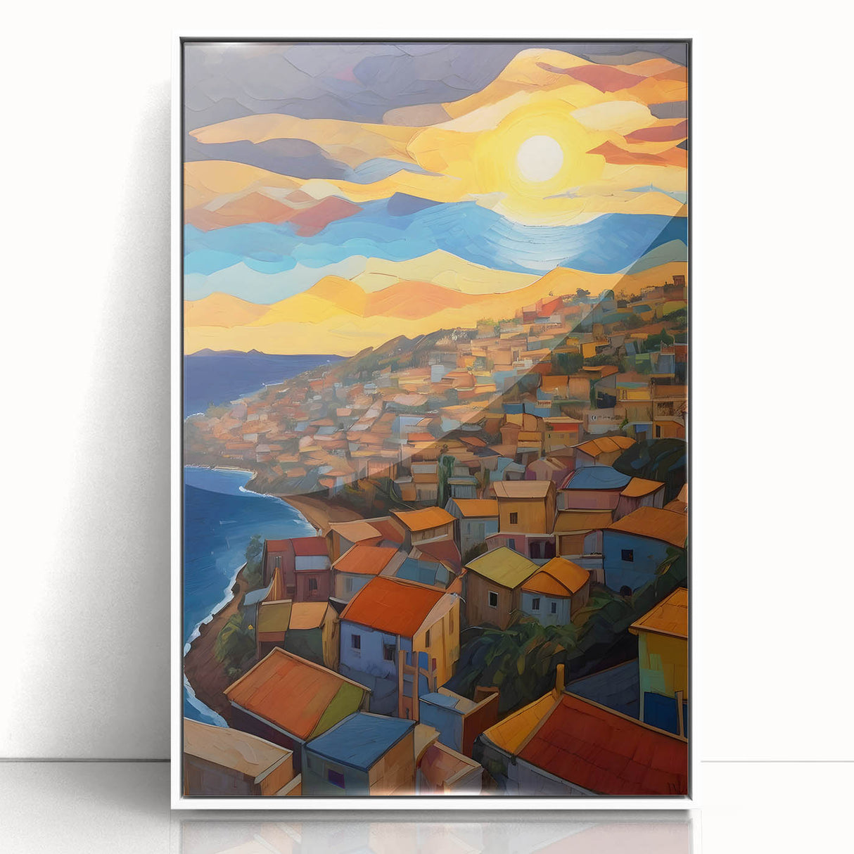 Mid-century modernist art depicting a serene Caribbean Saint Vincent landscape in pastel shades on a white framed acrylic…