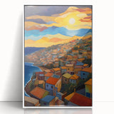 Mid-century modernist art depicting a serene Caribbean Saint Vincent landscape in pastel shades on a white framed acrylic…