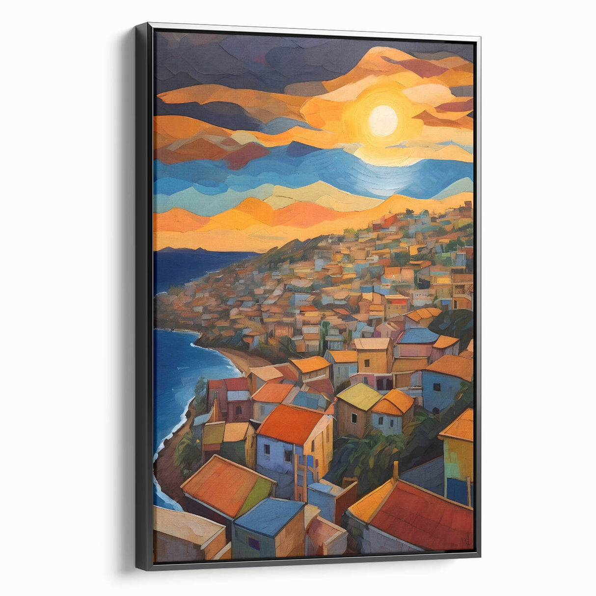 Black and white landscape painting of Caribbean Saint Vincent on framed canvas, suitable for bedroom wall decor.