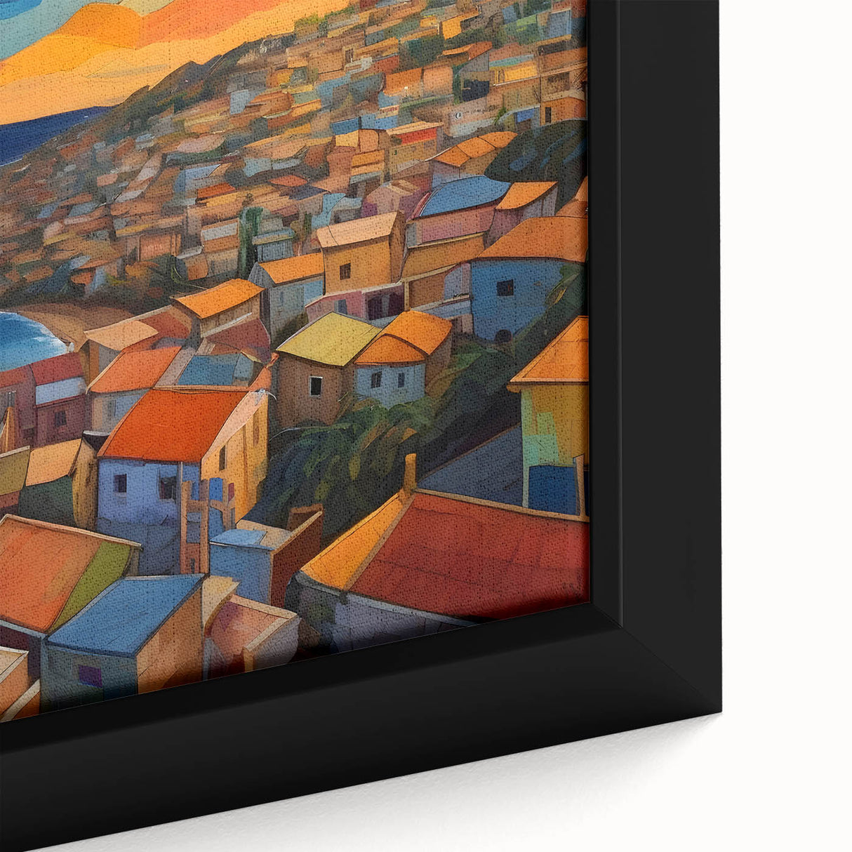 Framed canvas featuring a textured depiction of a Caribbean scenery with black and colorful art, ideal for living room decor.