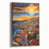 Framed canvas of a vintage-style Caribbean landscape in muted gold and black tones, ideal for bedroom wall art.