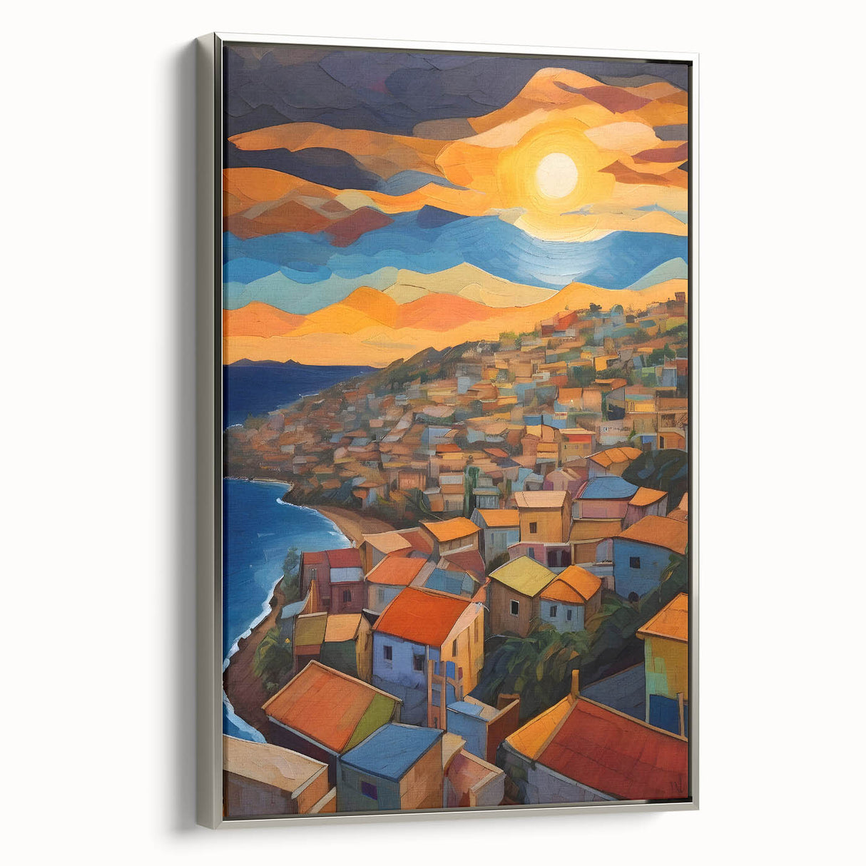 Framed canvas of a vintage-style landscape art painting depicting the Caribbean, featuring vibrant blues and greens.