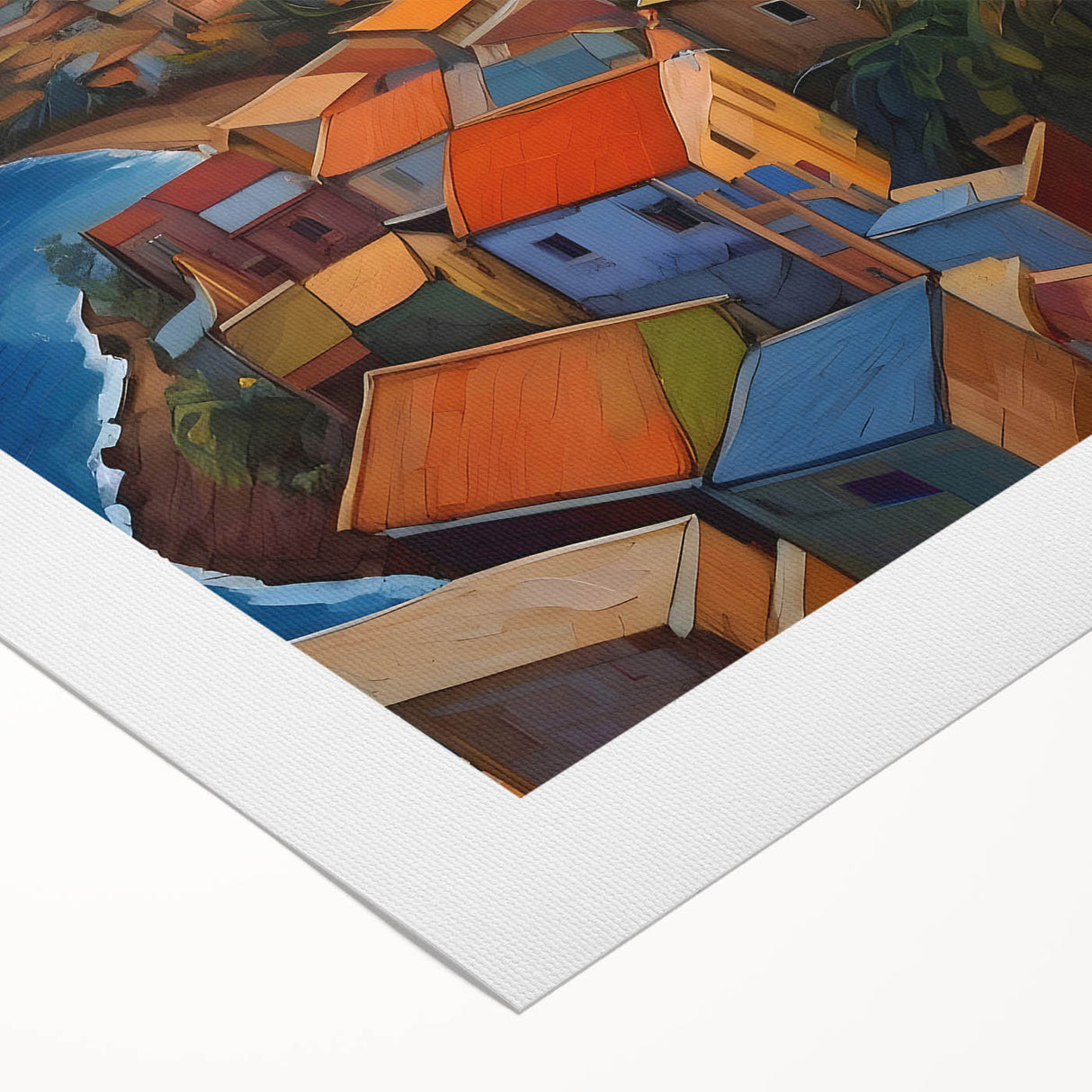 Art deco poster of a Caribbean scene with vibrant blue and green tones on rolled canvas, ideal for dining room wall art.