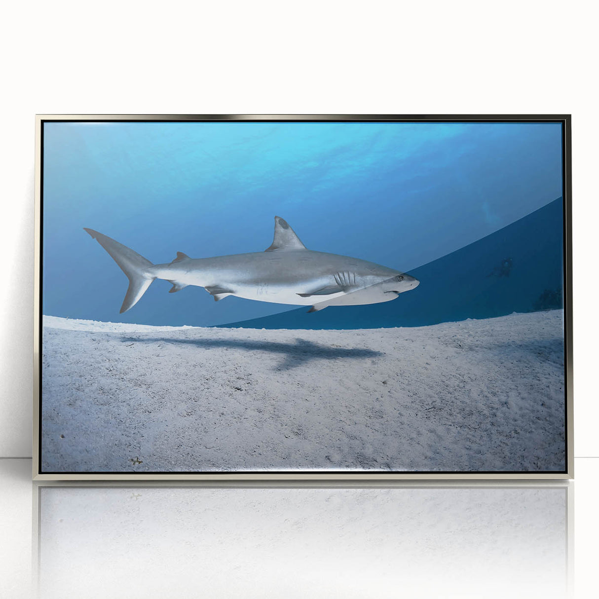 Large art print of a Caribbean seascape in acrylic, framed in silver, featuring mid-century modernist style.