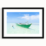 Extra large, colorful abstract art print of Caribbean scenery on textured canvas, framed in black.