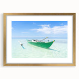 Abstract art print of Caribbean Virgin Islands in muted blue and green tones on a framed gold mat.