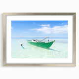 Extra large abstract art print of Caribbean Virgin Islands in textured style, framed in silver, ideal for living room decor.