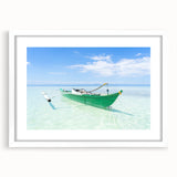 Textured abstract art print of Caribbean Virgin Islands in muted blue and green tones, framed with a white mat.