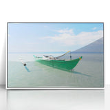 Mid-century modernist art depicting the Caribbean Virgin Islands in pastel shades on a framed acrylic.